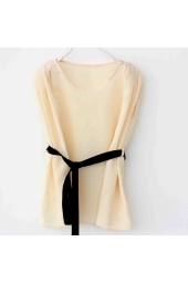 Beige Chiffon Blouse with Black Sash